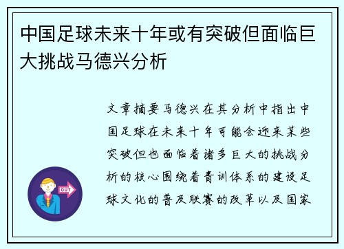 中国足球未来十年或有突破但面临巨大挑战马德兴分析