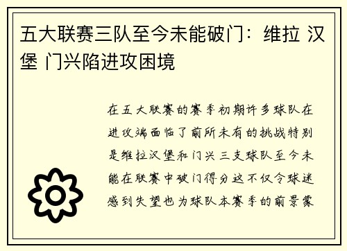 五大联赛三队至今未能破门：维拉 汉堡 门兴陷进攻困境